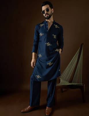 Men's blue viscose rayon dyed design solid kurta with trousers trendy festive & wedding wear 5