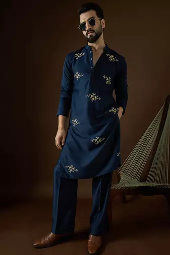 Men's blue viscose rayon dyed design solid kurta with trousers trendy festive & wedding wear