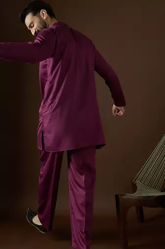 Men's purple viscose rayon embroidered design solid kurta with trousers trendy festive & wedding wear