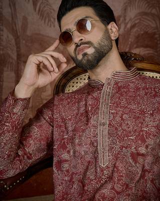 Men's maroon viscose rayon embroidered design floral kurta with trousers – trendy festive & wedding wear 2