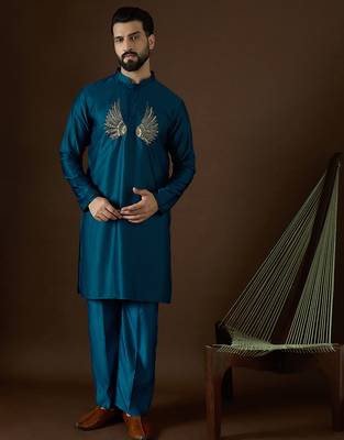 Men's navy blue viscose rayon embroidered design solid kurta with trousers – trendy festive & wedding wear 2