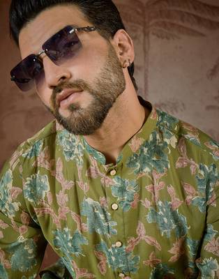 Men's green viscose rayon printed design floral kurta with trousers – trendy festive & wedding wear 1