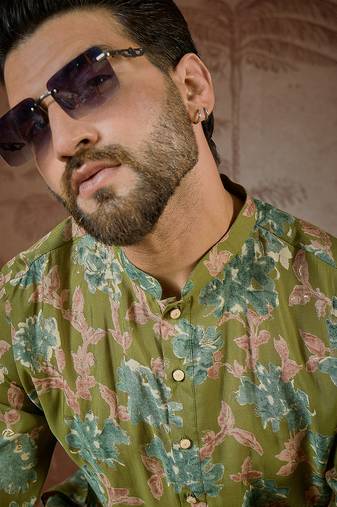 Men's green viscose rayon printed design floral kurta with trousers – trendy festive & wedding wear