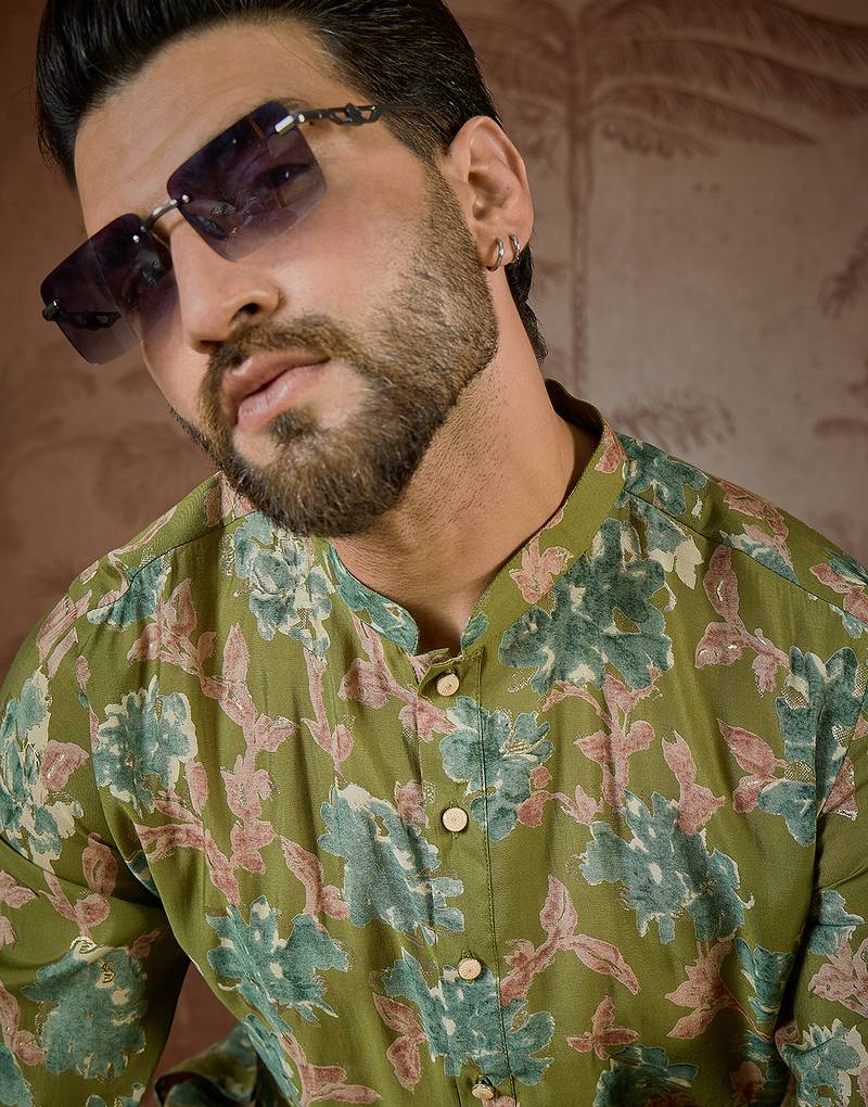 Men's green viscose rayon printed design floral kurta with trousers – trendy festive & wedding wear