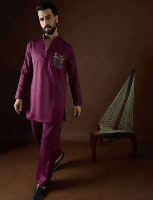 Men's purple viscose rayon embroidered design solid kurta with trousers trendy festive & wedding wear 5