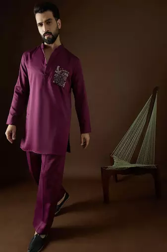 Men's purple viscose rayon embroidered design solid kurta with trousers trendy festive & wedding wear