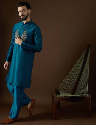 Men's navy blue viscose rayon embroidered design solid kurta with trousers – trendy festive & wedding wear 3
