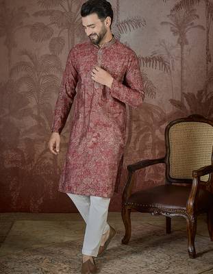 Men's maroon viscose rayon embroidered design floral kurta with trousers – trendy festive & wedding wear 3