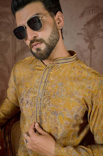 Men's mustard viscose rayon embroidered design ethnic motifs kurta with trousers – trendy festive & wedding wear