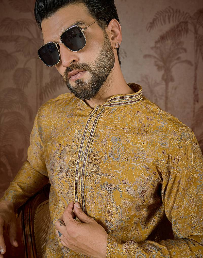Men's mustard viscose rayon embroidered design ethnic motifs kurta with trousers – trendy festive & wedding wear