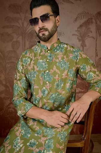 Men's green viscose rayon printed design floral kurta with trousers trendy festive & wedding wear