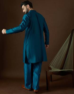 Men's navy blue viscose rayon embroidered design solid kurta with trousers – trendy festive & wedding wear 4