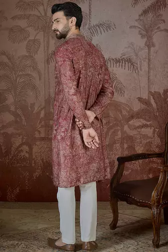 Men's maroon viscose rayon embroidered design floral kurta with trousers trendy festive & wedding wear