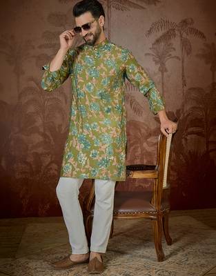 Men's green viscose rayon printed design floral kurta with trousers – trendy festive & wedding wear 3