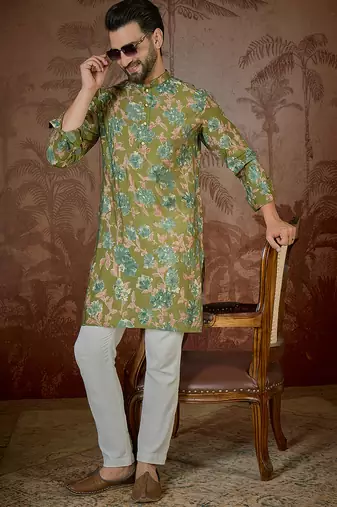 Men's green viscose rayon printed design floral kurta with trousers trendy festive & wedding wear