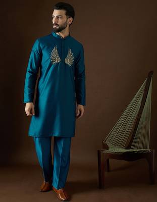 Men's navy blue viscose rayon embroidered design solid kurta with trousers – trendy festive & wedding wear 5