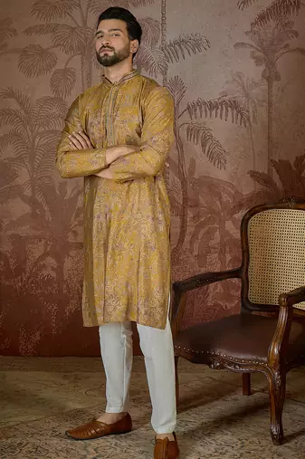 Men's mustard viscose rayon embroidered design ethnic motifs kurta with trousers trendy festive & wedding wear