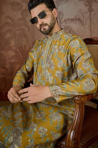 Men's mustard viscose rayon embroidered design floral kurta with trousers – trendy festive & wedding wear