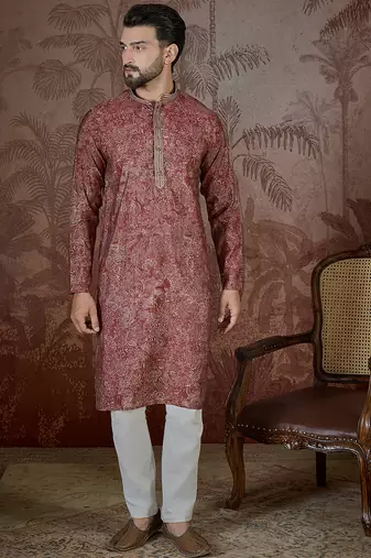 Men's maroon viscose rayon embroidered design floral kurta with trousers trendy festive & wedding wear