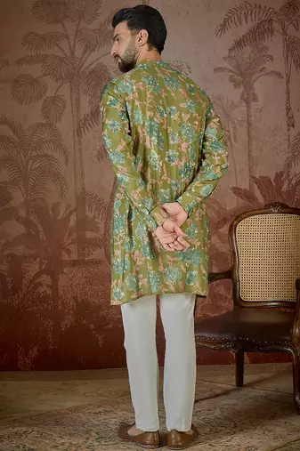 Men's green viscose rayon printed design floral kurta with trousers trendy festive & wedding wear