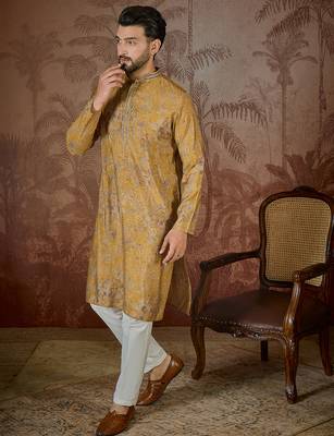 Men's mustard viscose rayon embroidered design ethnic motifs kurta with trousers – trendy festive & wedding wear 3