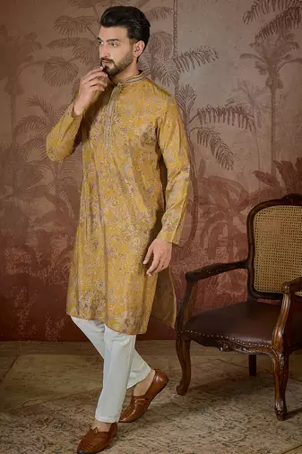 Men's mustard viscose rayon embroidered design ethnic motifs kurta with trousers trendy festive & wedding wear