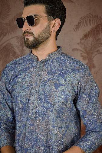 Men's blue viscose rayon embroidered design floral kurta with trousers – trendy festive & wedding wear