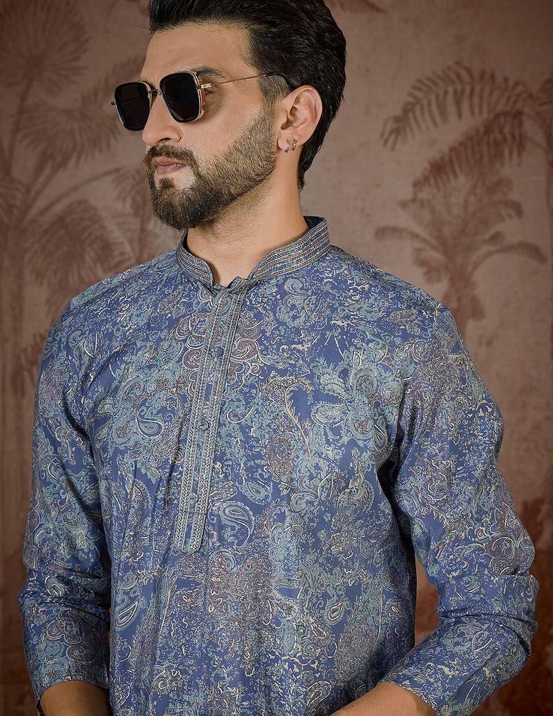 Men's blue viscose rayon embroidered design floral kurta with trousers – trendy festive & wedding wear