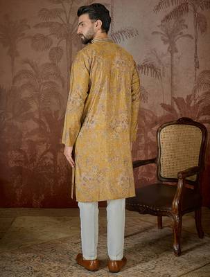 Men's mustard viscose rayon embroidered design ethnic motifs kurta with trousers – trendy festive & wedding wear 4
