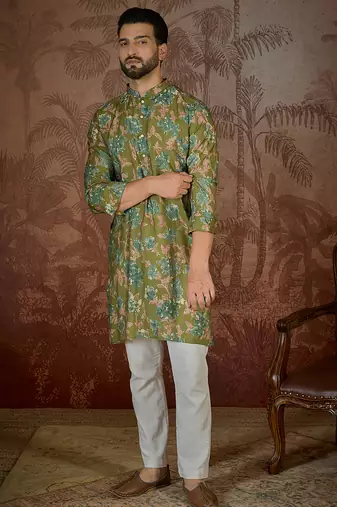 Men's green viscose rayon printed design floral kurta with trousers trendy festive & wedding wear