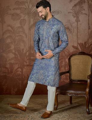 Men's blue viscose rayon embroidered design floral kurta with trousers – trendy festive & wedding wear 2