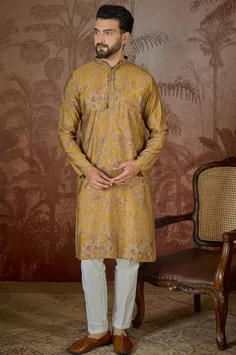 Men's mustard viscose rayon embroidered design ethnic motifs kurta with trousers trendy festive & wedding wear