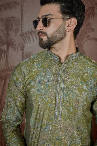 Men's green viscose rayon embroidered design ethnic motifs kurta with trousers – trendy festive & wedding wear