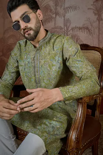 Men's green viscose rayon embroidered design ethnic motifs kurta with trousers trendy festive & wedding wear