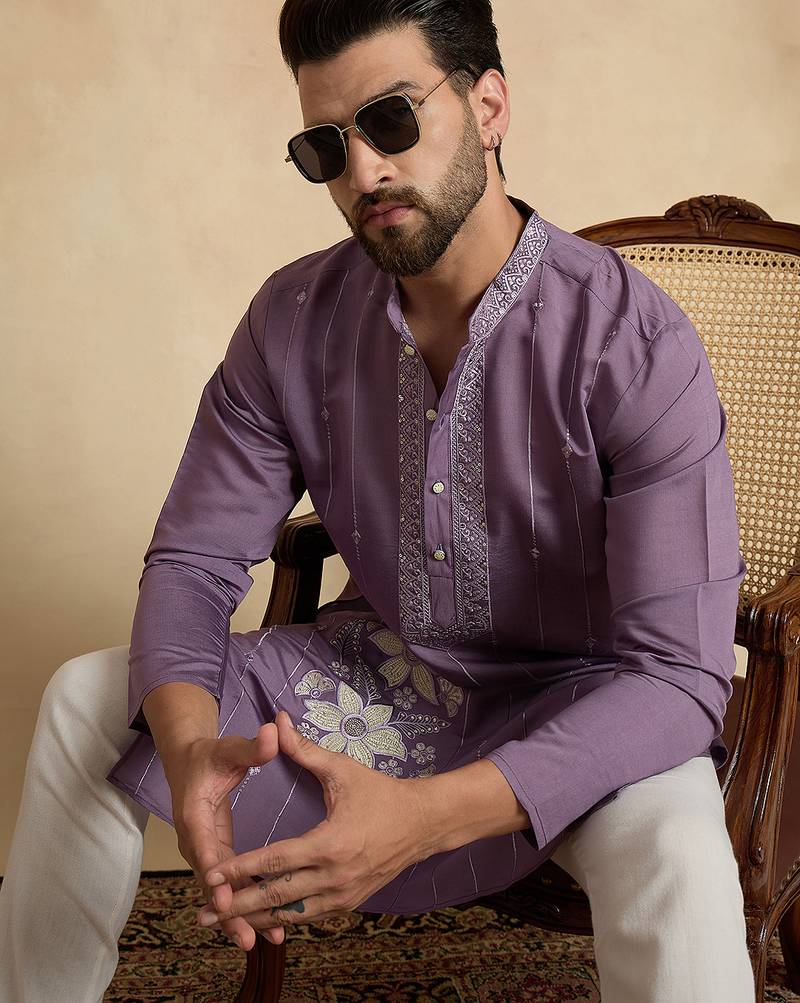 Men's lavender viscose rayon embroidered design solid kurta with trousers – trendy festive & wedding wear