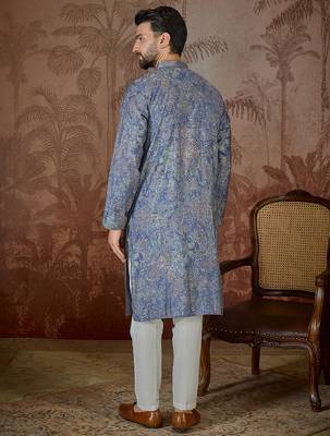 Men's blue viscose rayon embroidered design floral kurta with trousers – trendy festive & wedding wear 4