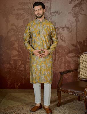 Men's mustard viscose rayon embroidered design floral kurta with trousers – trendy festive & wedding wear 5