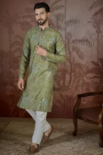 Men's green viscose rayon embroidered design ethnic motifs kurta with trousers trendy festive & wedding wear