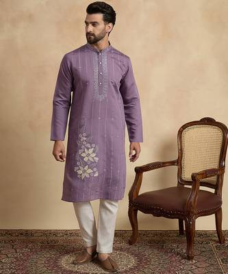 Men's lavender viscose rayon embroidered design solid kurta with trousers – trendy festive & wedding wear 2