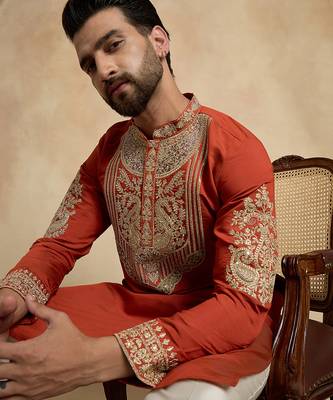 Men's orange silk blend embroidered design solid kurta with trousers – trendy festive & wedding wear 1
