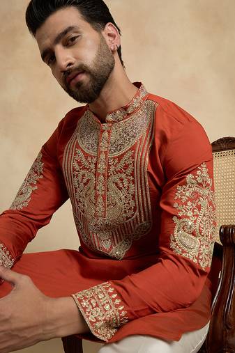 Men's orange silk blend embroidered design solid kurta with trousers – trendy festive & wedding wear
