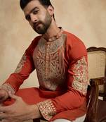 Men's orange silk blend embroidered design solid kurta with trousers – trendy festive & wedding wear