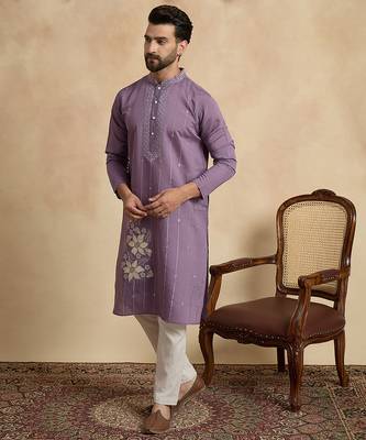 Men's lavender viscose rayon embroidered design solid kurta with trousers – trendy festive & wedding wear 3