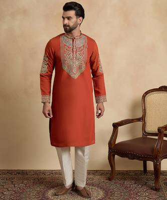 Men's orange silk blend embroidered design solid kurta with trousers – trendy festive & wedding wear 2