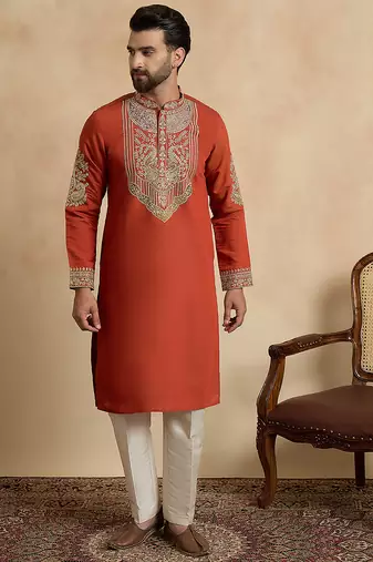 Men's orange silk blend embroidered design solid kurta with trousers trendy festive & wedding wear