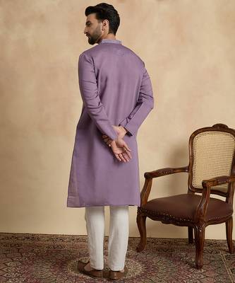 Men's lavender viscose rayon embroidered design solid kurta with trousers – trendy festive & wedding wear 4