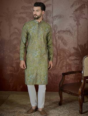 Men's green viscose rayon embroidered design ethnic motifs kurta with trousers – trendy festive & wedding wear 5