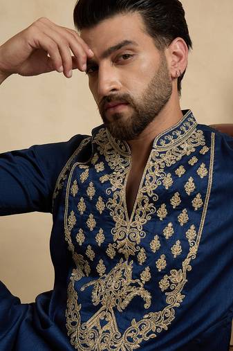 Men's blue silk blend embroidered design solid kurta with trousers – trendy festive & wedding wear