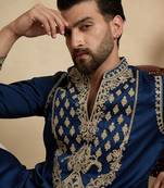 Men's blue silk blend embroidered design solid kurta with trousers – trendy festive & wedding wear