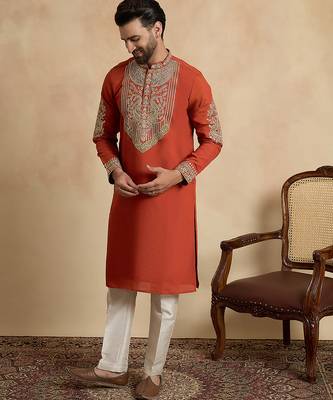 Men's orange silk blend embroidered design solid kurta with trousers – trendy festive & wedding wear 3